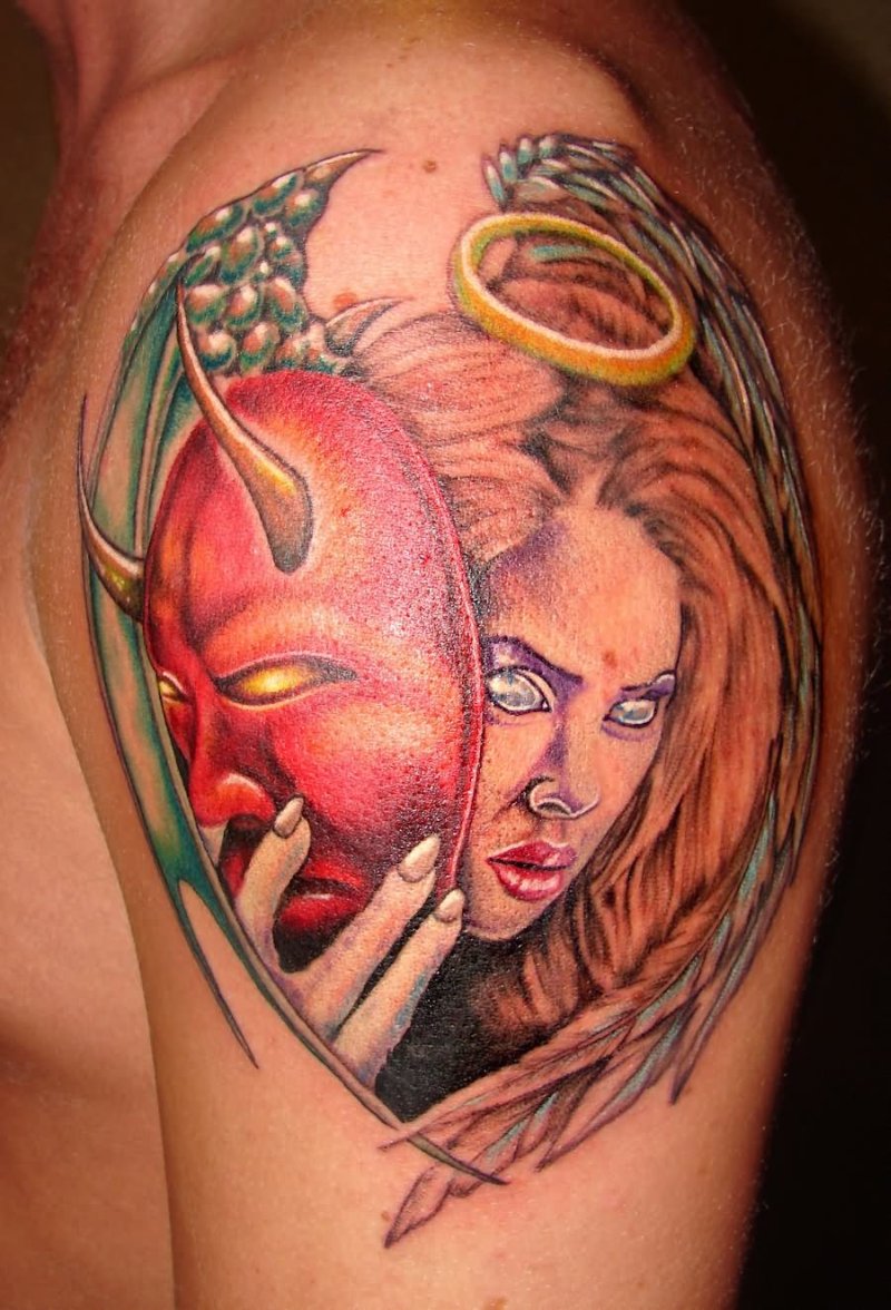 Colorful angel with devil masquerade tattoo