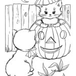 Halloween pumpkin and two cute kittens coloring page