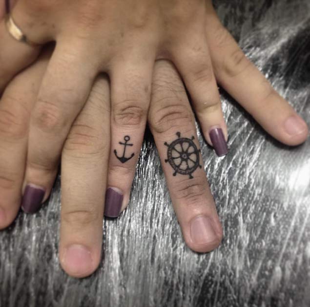 ship wheel and anchor tattoo for couples on finger EntertainmentMesh