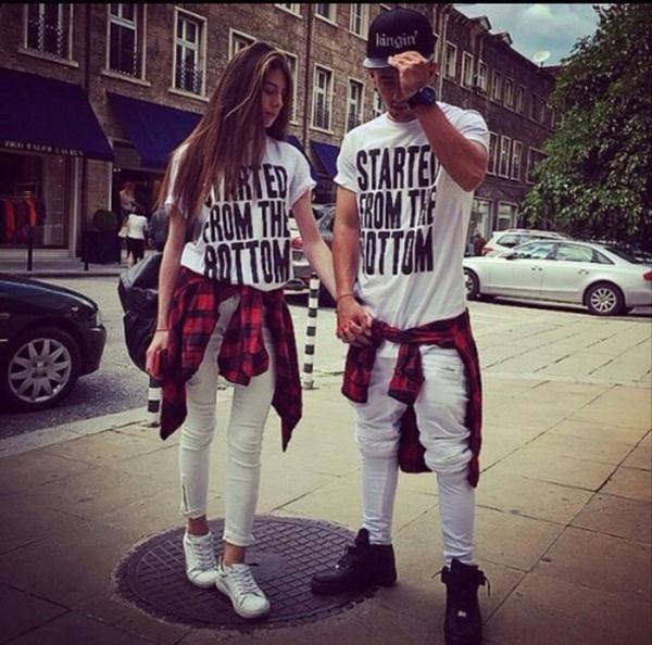 matching men and women pant-shirt winter outfits