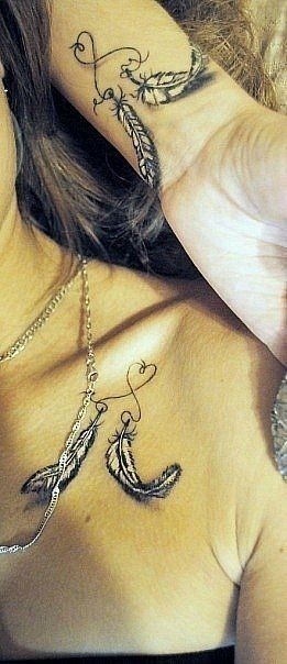 feather tattoos on collarbone for best friends bff