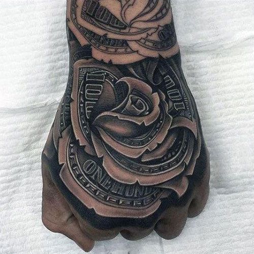 100 dollar bill rose tattoo on hand for men