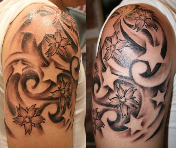 air wave white stars with daffodils tattoo on men upper sleeve