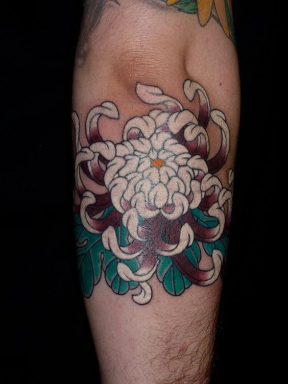 back arm chrysanthemum flower tattoo for men
