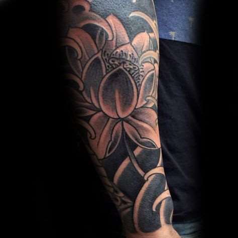 black and grey lotus flower tattoo on sleeve for men