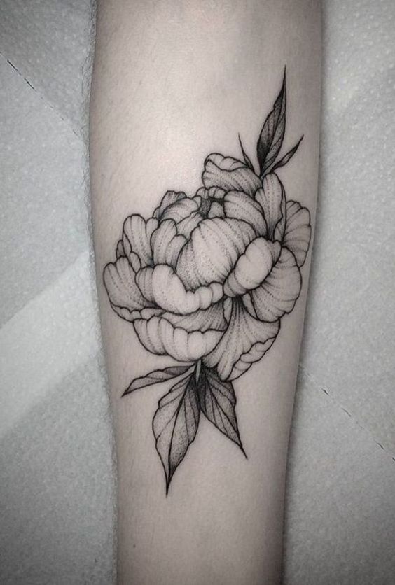 black and white peony flower tattoo on forearm for men