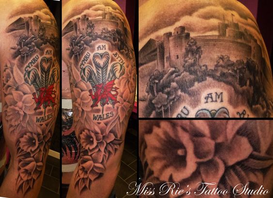 castle and daffodils flowers tattoo for men sleeve