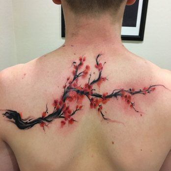 cherry blossom tree branch tattoo on back for men