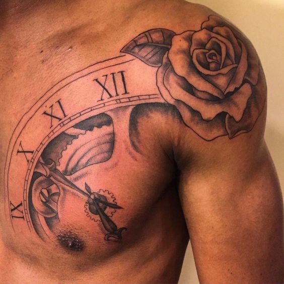 clock and rose tattoo on shoulder chest for men