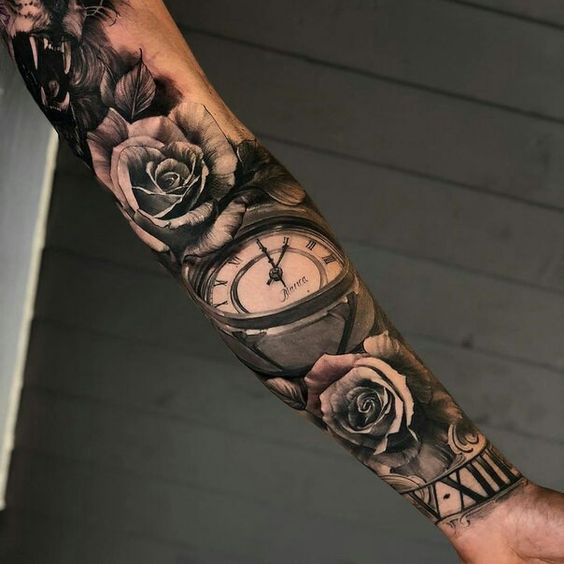 full inner sleeve rose clock tattoo for men