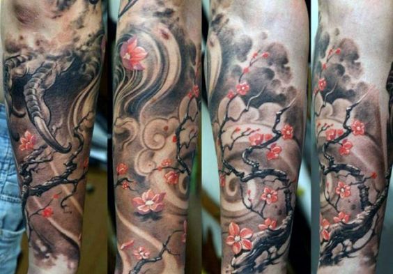 full sleeve japanese dragon with cherry blossom tree tattoo for men
