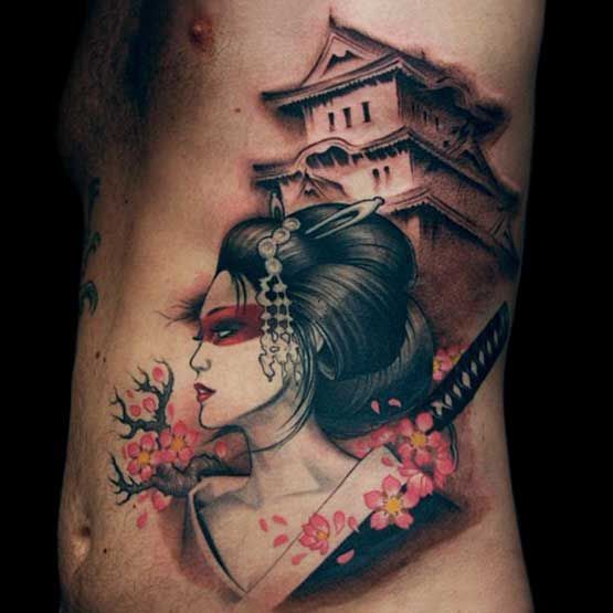 geisha cherry blossom japanese tattoo for men
