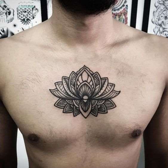 geometric mandala lotus tattoo on chest for men