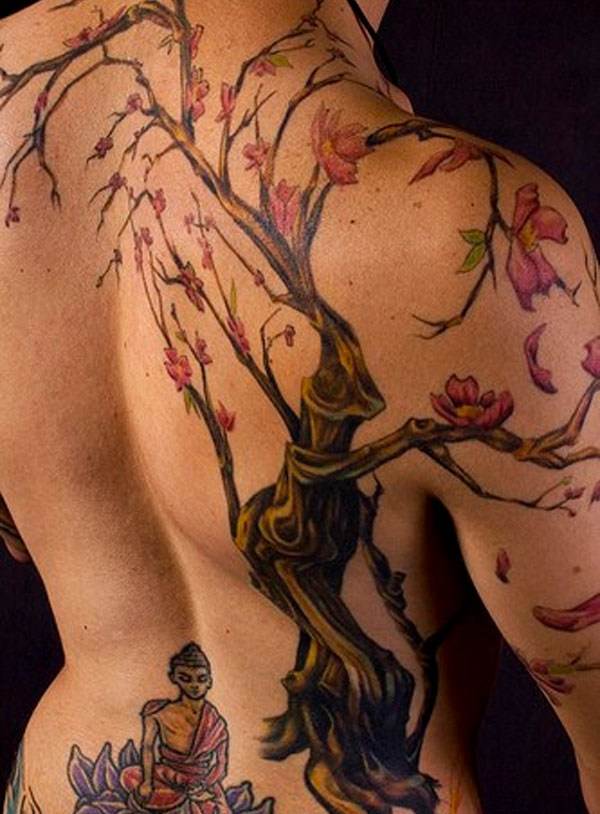gorgeous detailed full back budha with bodhi tree tattoo