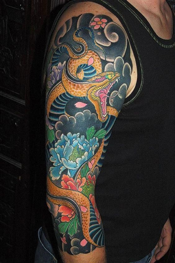 half sleeve peony flowers and snake tattoo for men