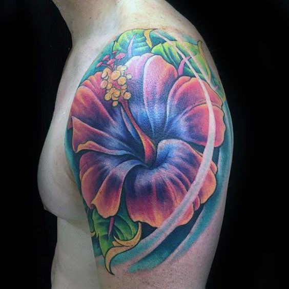 hibiscus flower tattoo on men shoulder