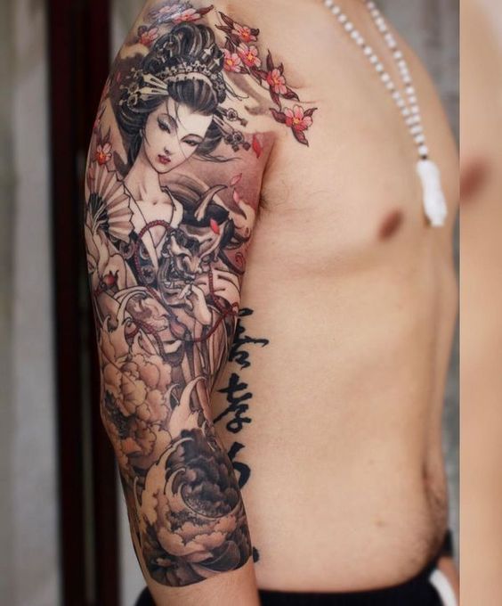 japanese geisha and cherry blossom tattoo on sleeve for men
