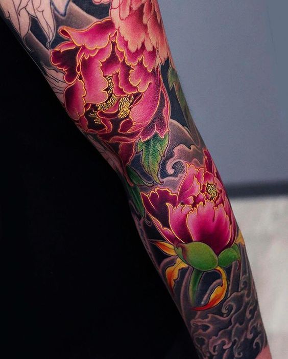 japanese peony flower tattoo on sleeve for men