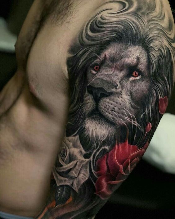 lion and rose flowers tattoo on upper sleeve for men