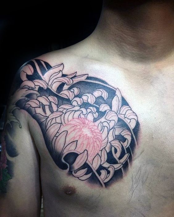men chest shoulder chrysanthemum flower tattoo