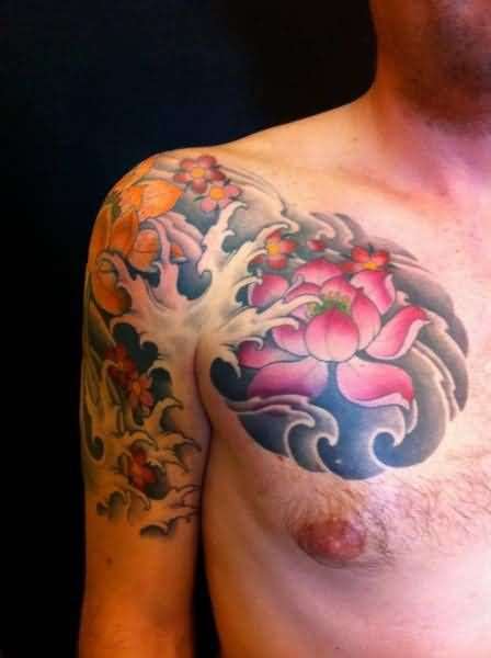 men shoulder chest lotus flowers tattoo design