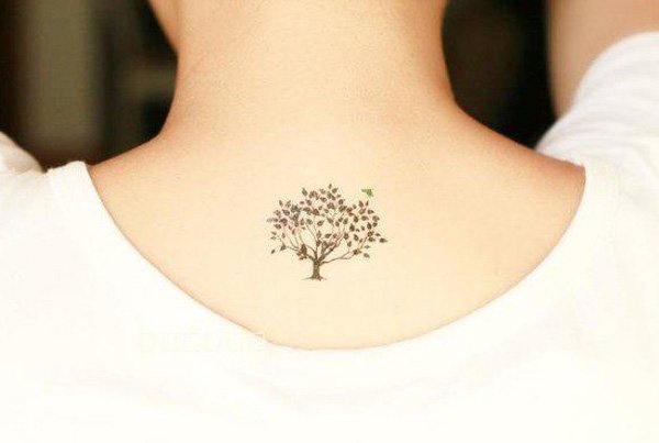 miniature bodhi tree tattoo on back neck for girls