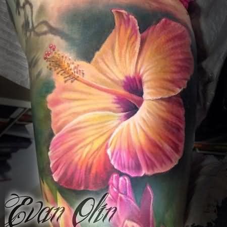 realistic hibiscus flower tattoo for men
