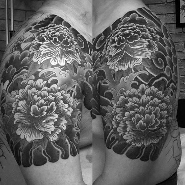 shoulder sleeve japanese carnation flowers tattoo for men