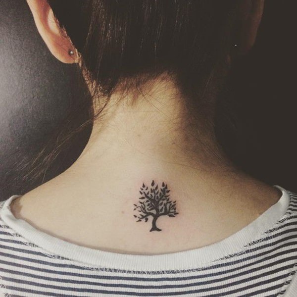 small bodhi Tree tattoo on back of neck for girls