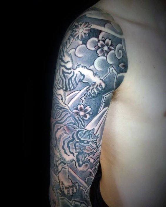 tiger in cherry blossom fields tattoo for men sleeve