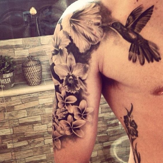 upper sleeve hibiscus flowers with hummingbird tattoo for men