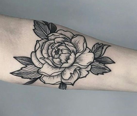 white peony flower with leaves tattoo on forearm for men