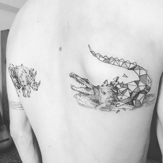 black and white mosaic crocodile tattoo design