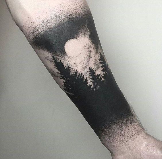 black dotwork thick forest tattoo on arm for men