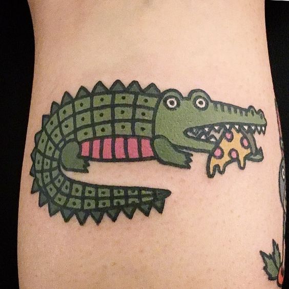 cartoon design alligator eating pizza tattoo
