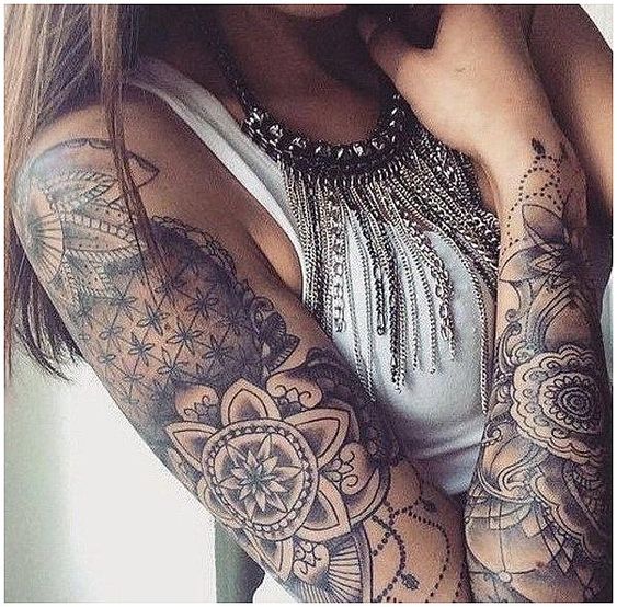 female full sleeve floral lace tattoo design