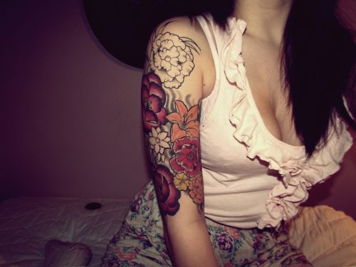female half sleeve flowers tattoo design