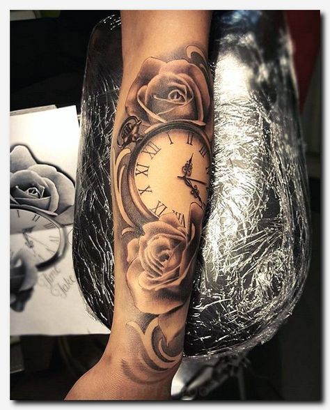 female half sleeve roses and clock tattoo design