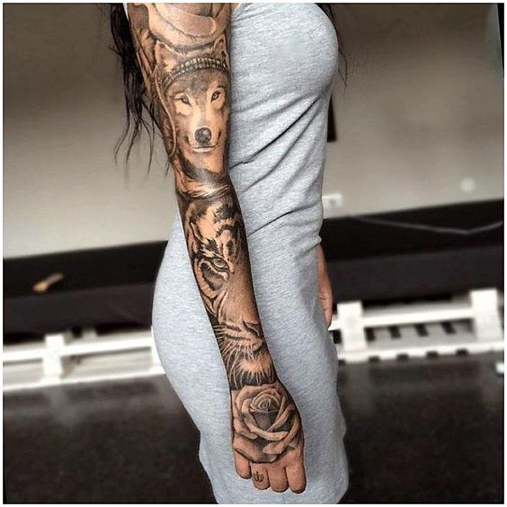 full sleeve animal rose tattoo design for girls