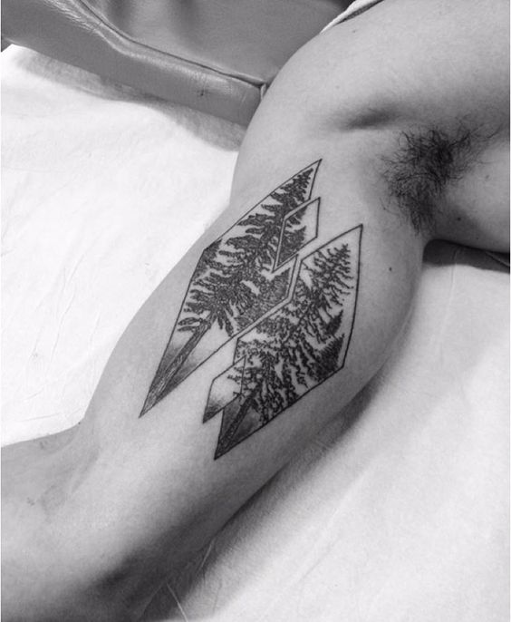 geometric evergreen tree tattoo on men bicep