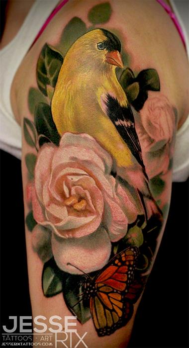goldfinch with pink rose flower and butterfly tattoo on quarter sleeve for women