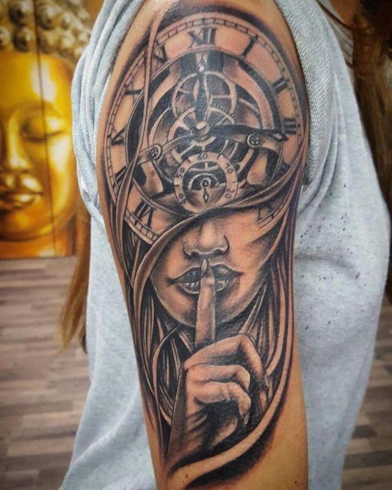 half sleeve female clock tattoo design