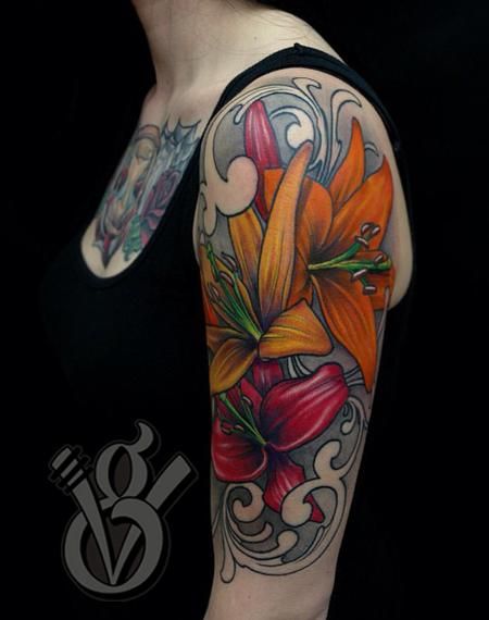 lily flowers tattoo on half sleeve for women