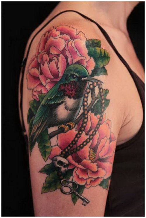 quarter sleeve female flower and bird tattoo