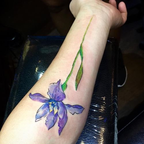 watercolor iris flower tattoo on inner forearm