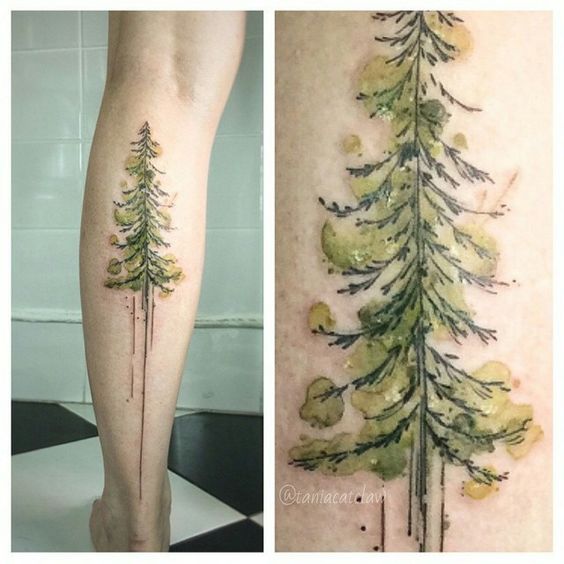 watercolor pine tree tattoo pattern on back leg