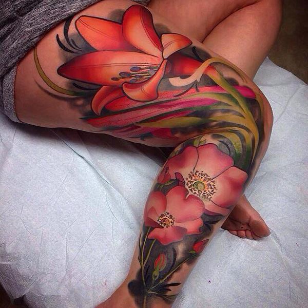 flowers tattoo on leg for females