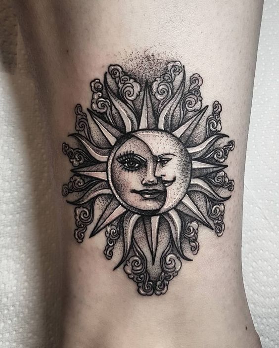 attractive dotwork sun and moon tattoo design