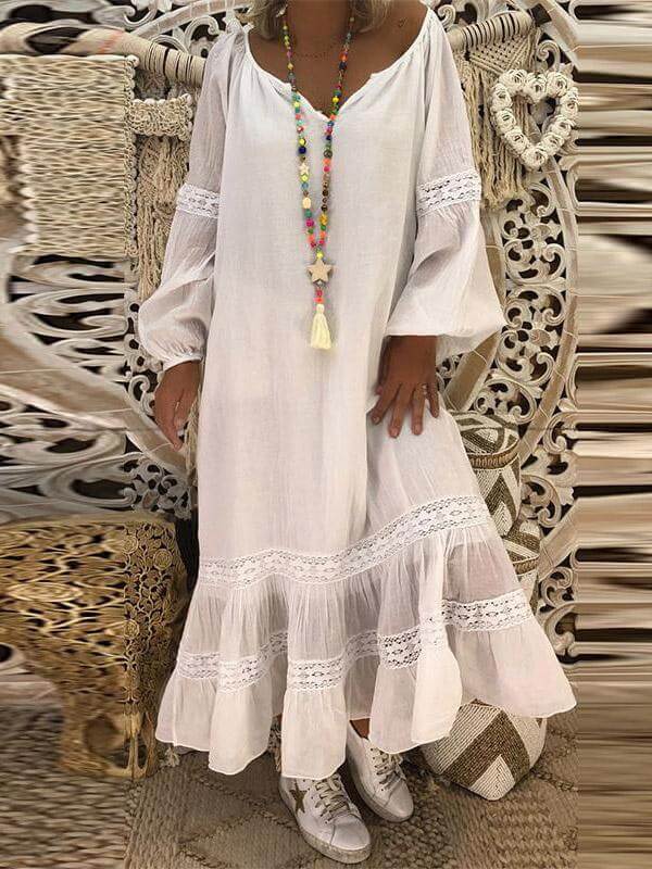 long sleeves lace loose cotton maxi dress