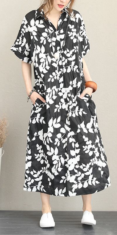 summer black floral maxi cotton dress for women